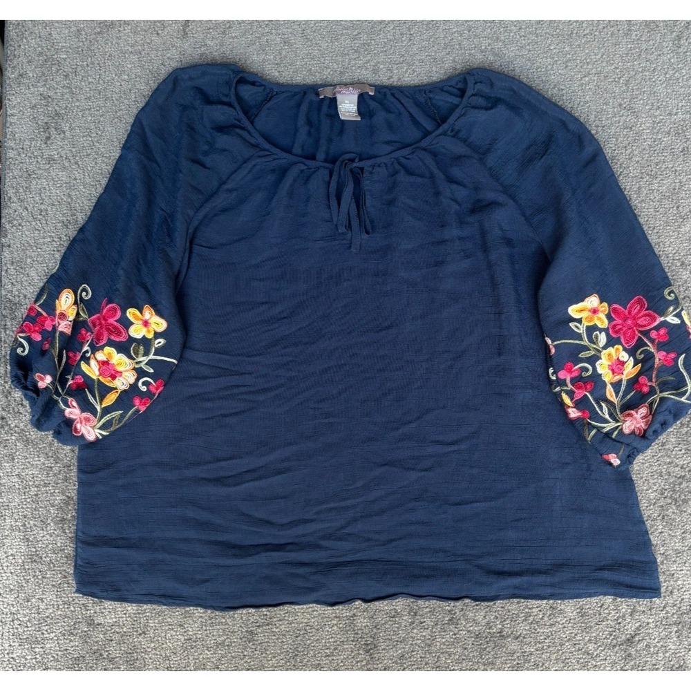 Olivia & Martin Embroidered Floral Sleeve Blouse Womens XL Blue Peasant Top